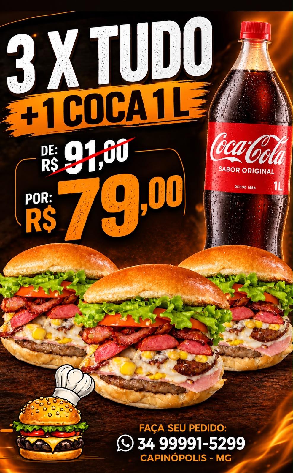 3 X TUDO + 1 COCA LITRO + MAIONESE VERDE